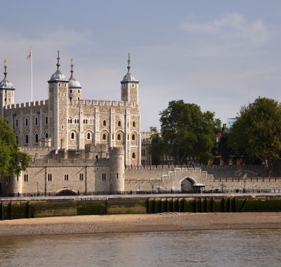 Tower of London seen from the River Thames. Exterior view of the White Tower, built in the 11th century.